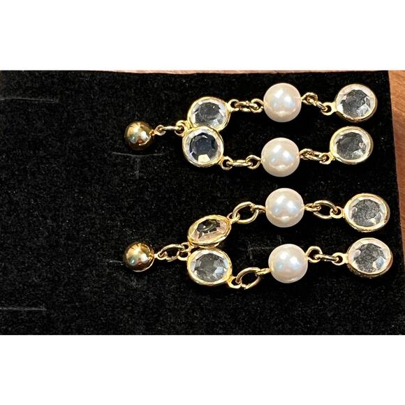 Y2K Faux Pearl Rhinestone Dangle Earrings Gold Tone Coquette Glam Vintage - Picture 5 of 6